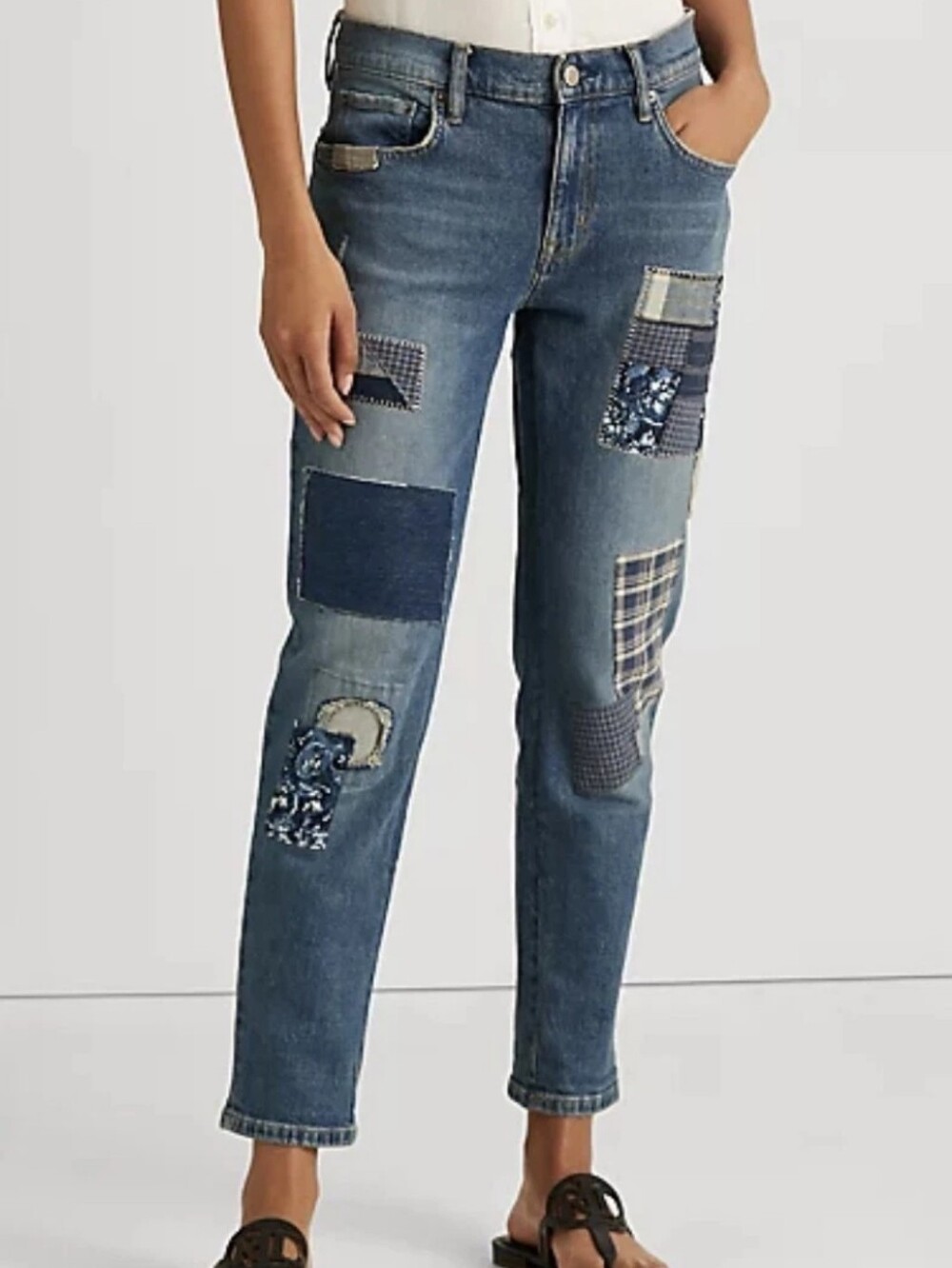 Lauren Ralph Lauren Patchwork Relaxed Tapered Jeans Mid Rise Plaid Floral